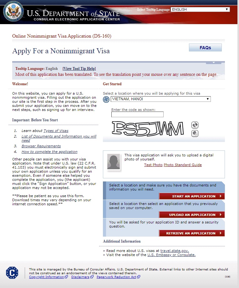 Chọn nơi nộp hồ sơ và nhấn Start An Application để bắt đầu điền đơn DS-160 để xin visa du học Mỹ