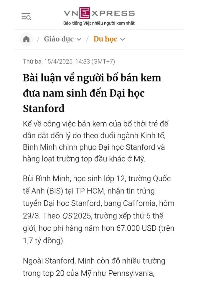 VNE - Bài luận về người bố bán kem đưa nam sinh đến ĐH Stanford