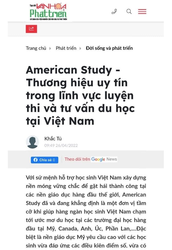 Tạp chí văn hoá phát triển - American Study - Thương hiệu uy tín trong lĩnh vực luyện thi và tư vấn du học tại Việt Nam