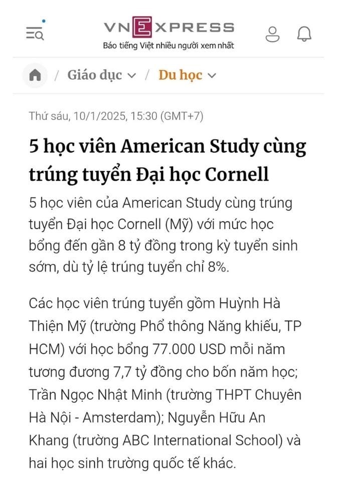 VNE - 5 học viên American Study cùng trúng tuyển Đại học Cornell