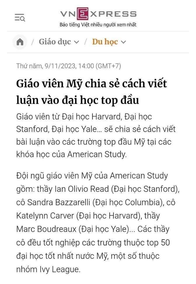 VNE - Giáo viên Mỹ chia sẻ cách viết luận vào đại học top đầu