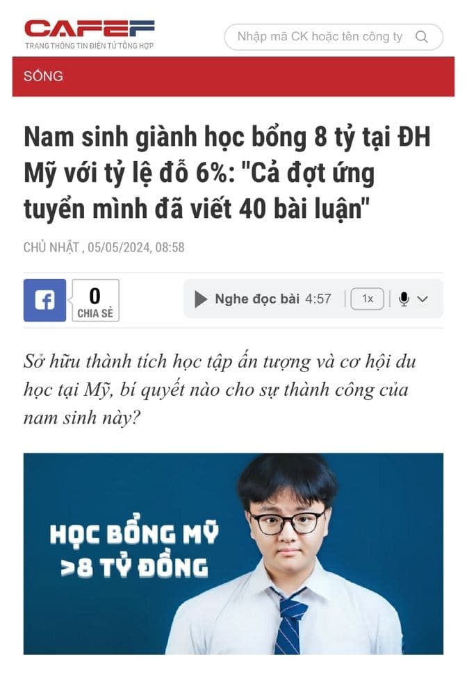 CafeF - Nam sinh giành học bổng 8 tỷ tại ĐH Mỹ với tỷ lệ đỗ 6%: ""Cả đợt ứng tuyển mình đã viết 40 bài luận""