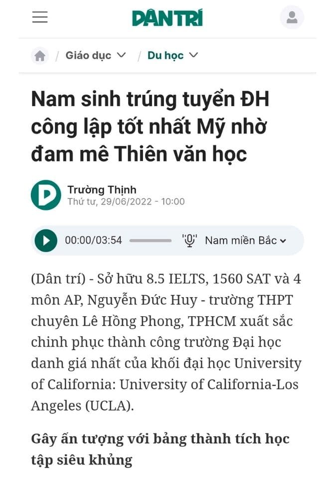 Dân trí - Nam sinh trúng tuyển ĐH công lập tốt nhất Mỹ nhờ đam mê Thiên văn học