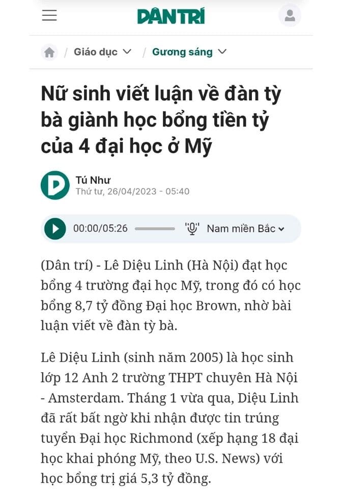 Dân trí - Nữ sinh viết luận về đàn tỳ bà giành học bổng tiền tỷ của 4 đại học ở Mỹ