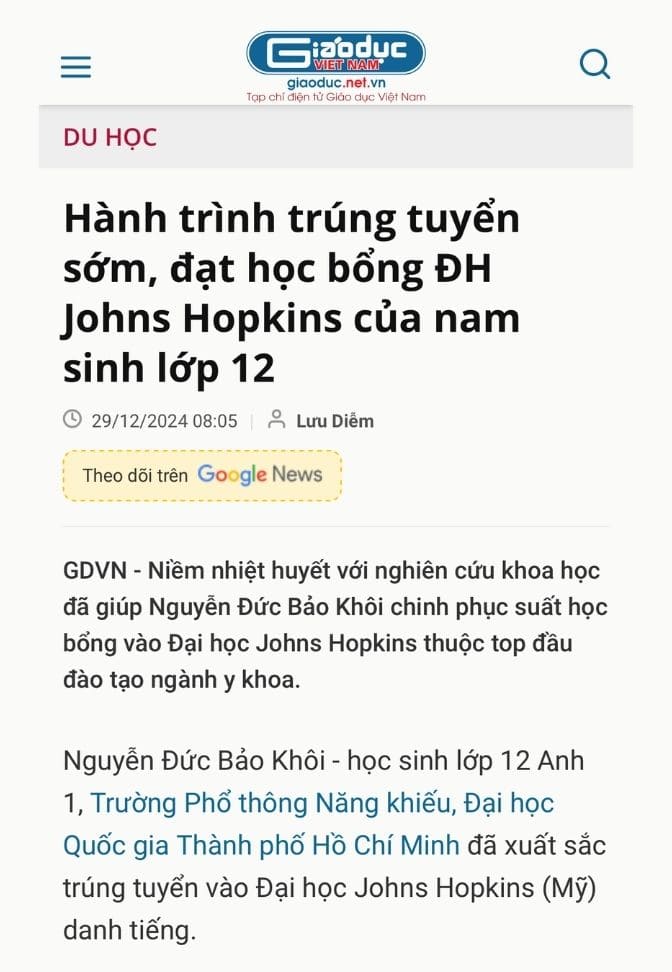 Tạp chí điện tử giáo dục Việt Nam - Hành trình trúng tuyển sớm, đạt học bổng ĐH Johns Hopkins của nam sinh lớp 12