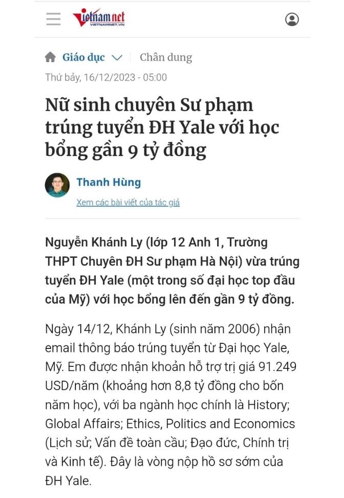 Vietnamnet - Nữ sinh chuyên Sư phạm trúng tuyển ĐH Yale với học bổng gần 9 tỷ đồng
