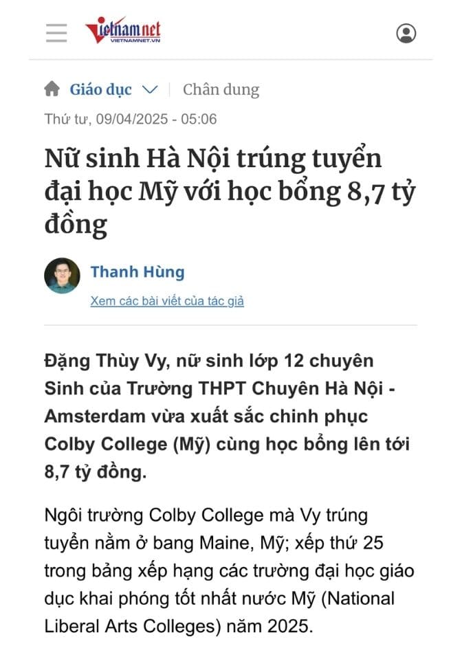Vietnamnet - Nữ sinh Hà Nội trúng tuyển đại học Mỹ với học bổng 8,7 tỷ đồng