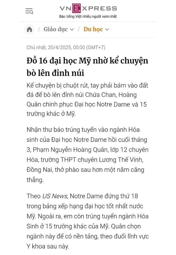 VNE - Đỗ 16 ĐH Mỹ nhờ kể chuyện bò lên đỉnh núi