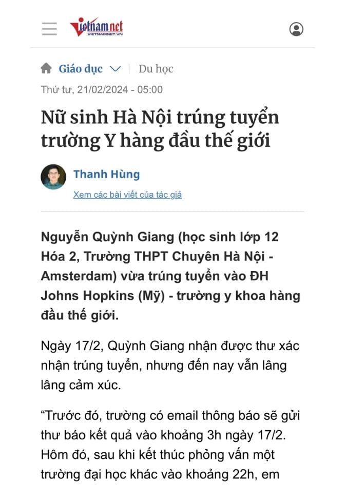 Vietnamnet - Nữ sinh Hà Nội trúng tuyển trường y hàng đầu thế giới
